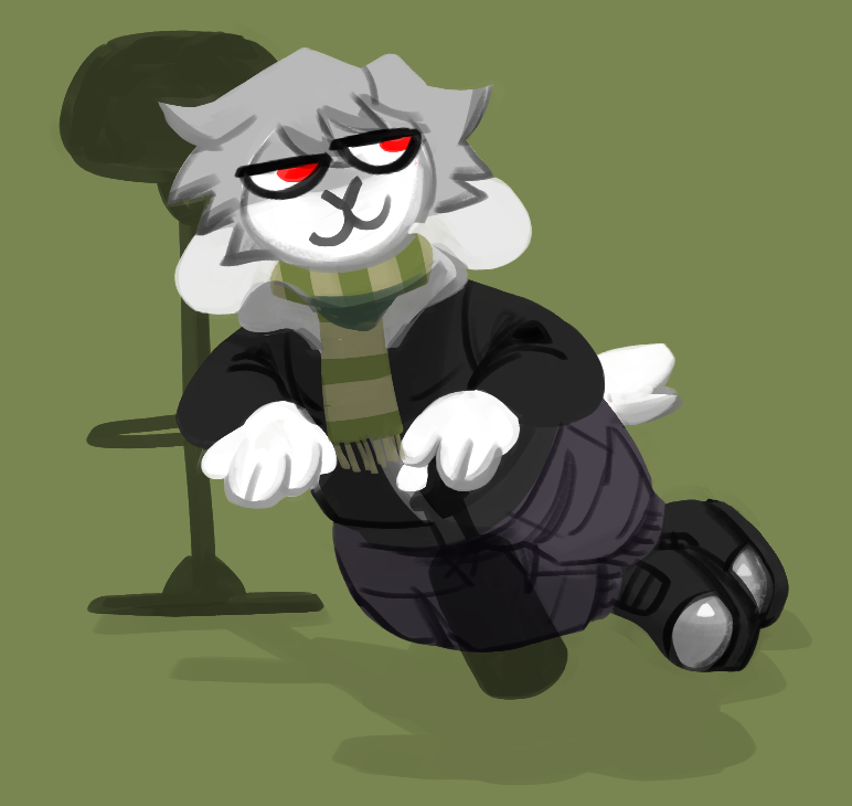 digital sketch painting of an anthro rabbit with a smug expression. he is leaning against the side of an [unfinished] bar stool with an [unfinished] bottle in his hand. he is wearing a green scarf, steel-toed boots, and a black jacket over a purple-gray jumpsuit