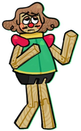 full-body art of Marzell ("Mars"), a wooden puppet with light brown medium-length hair, a red nose, and painted cheeks. he has a yellow cylindrical neck ornament, green torso, red shoulder "pauldrons", a black waist, and jointed limbs