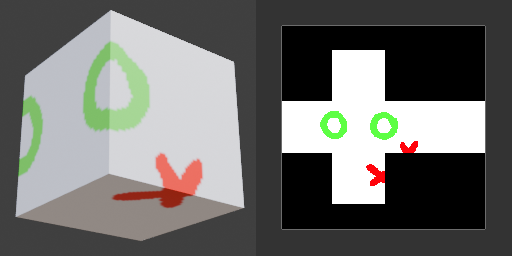 The same UV mapped cube, but this time there's a texture running from the front to the side (which connects nicely) and from the side to the bottom (which is broken up on the texture).